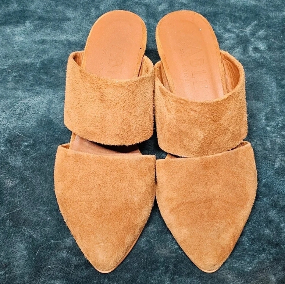 Able Local + Global | Suede Cut Out Heeled Mules in Tan size 7
